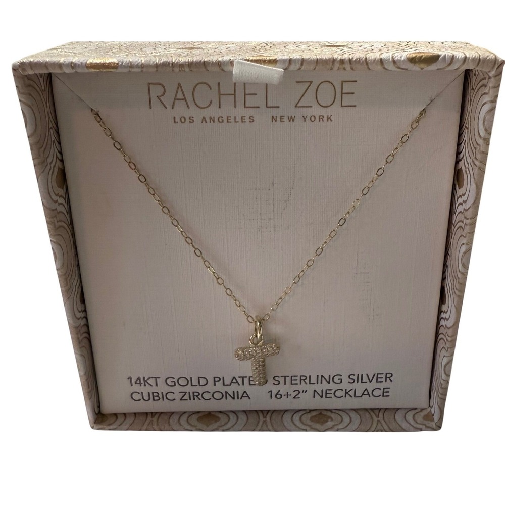 Rachel‎ Zoe 14KT Gold Plated Sterling Silver CZ Initial T Necklace New Box